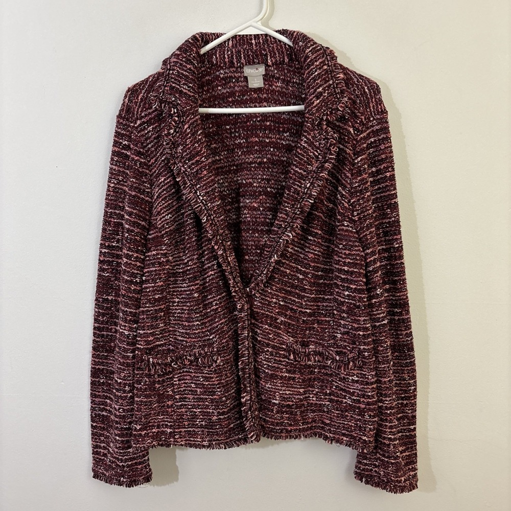 Chicos Size 3 Tweed Blazer Fringe‎ Knit Maroon Winter Career Professional Cotton